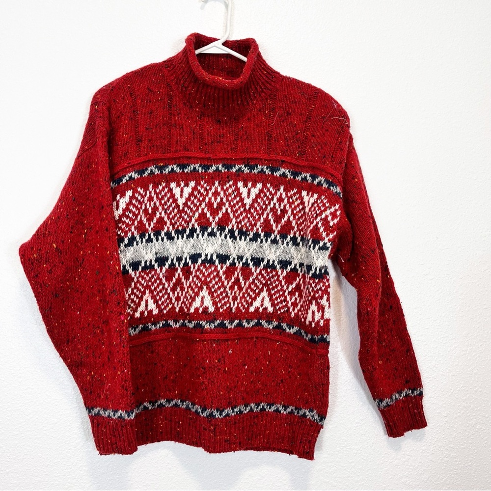Vintage French Navy Red Wool Blend Ski Sweater Red Fair Isle Size L